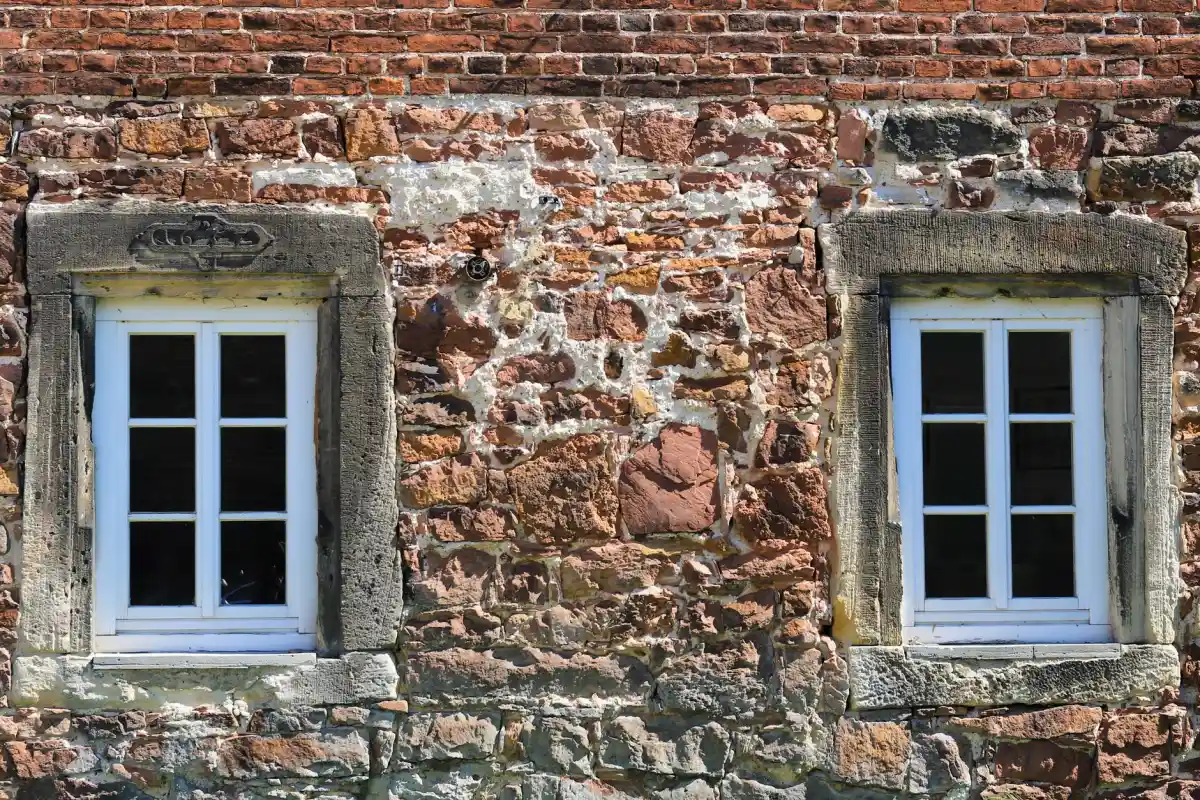 Façade en pierre du Périgord avec enduit à la chaux en cours de reprise